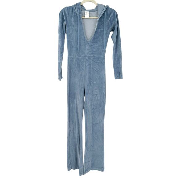 Iets Frans UO Womens Loungewear Kenny Plunge Neck Hooded Velour Jumpsuit XS Blue - Picture 2 of 10